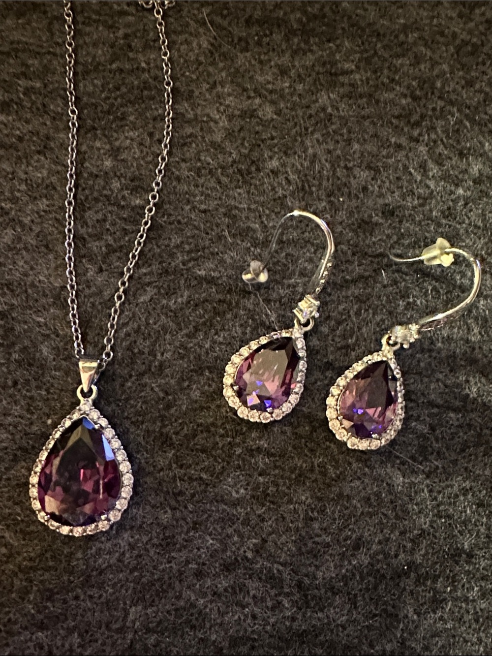Elegant Silver with Purple Gemstone Teardrop Pendant Necklace and Earrings Set